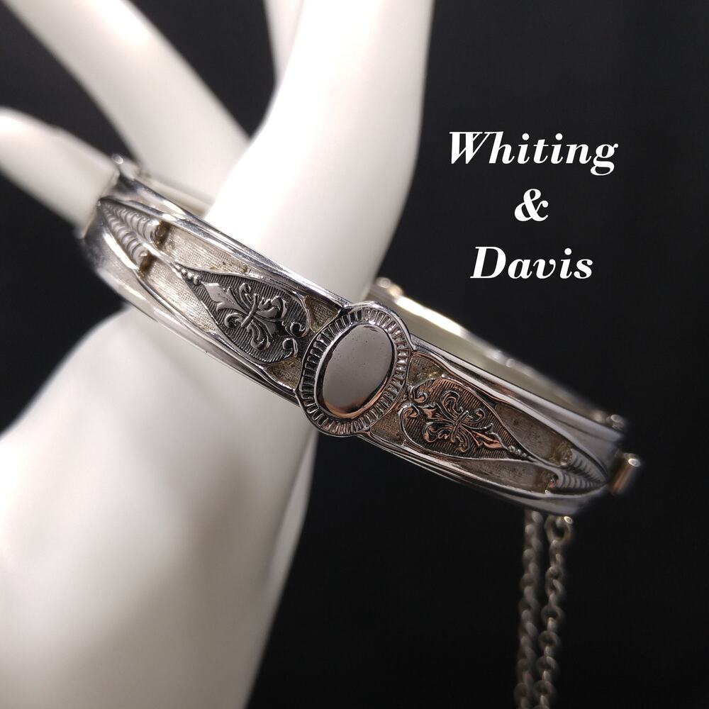 Whiting & Davis Rhodium Plated Hinged Bracelet, Safety Chain, 1960s Vintage